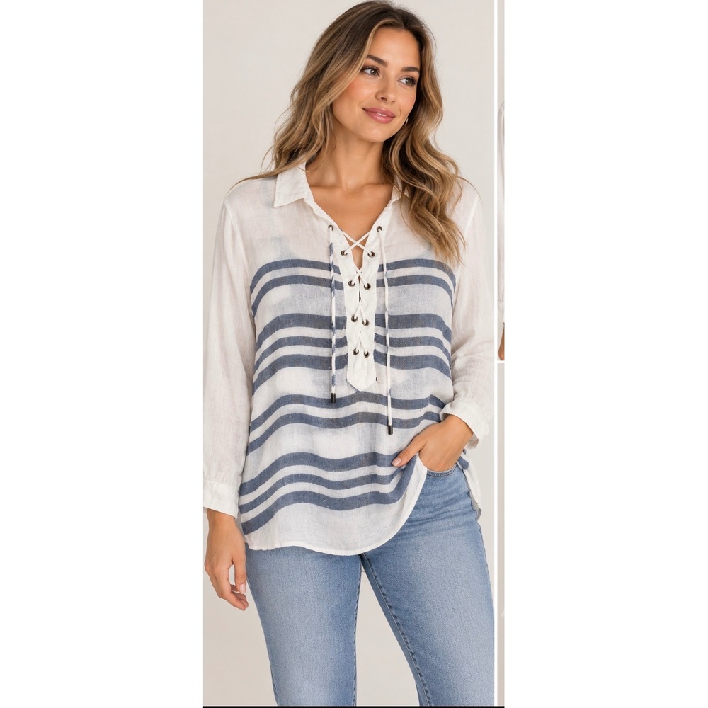 Vintage Havana Womens Large Blue White Striped Lace Up Gauze Long Sleeve Top